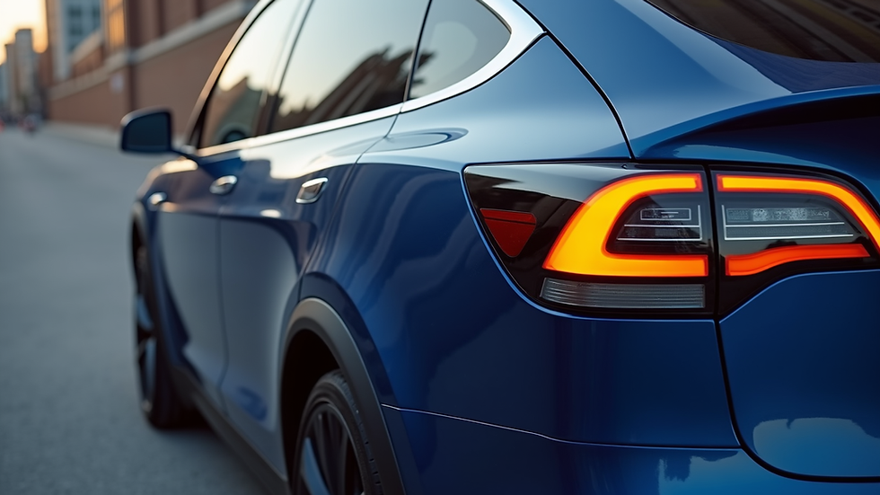 High angle view of a Tesla Model X rear quarter panel with fresh paint