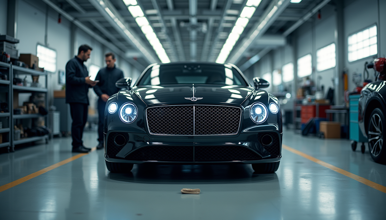 Eye-level view of a luxury car in a professional auto body shop with technicians working
