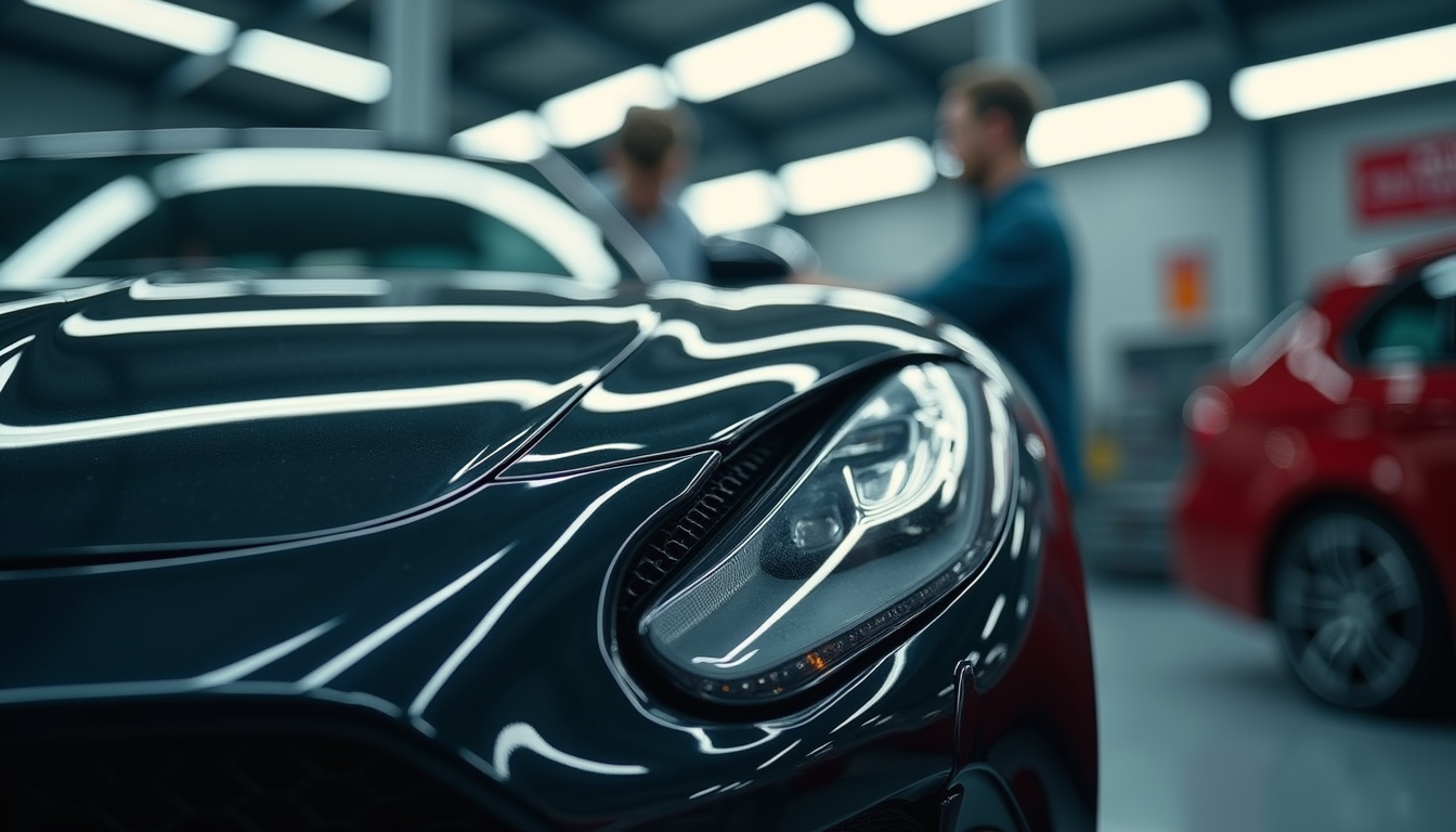Close-up view of a luxury car being repaired in a high-end auto bodyshop