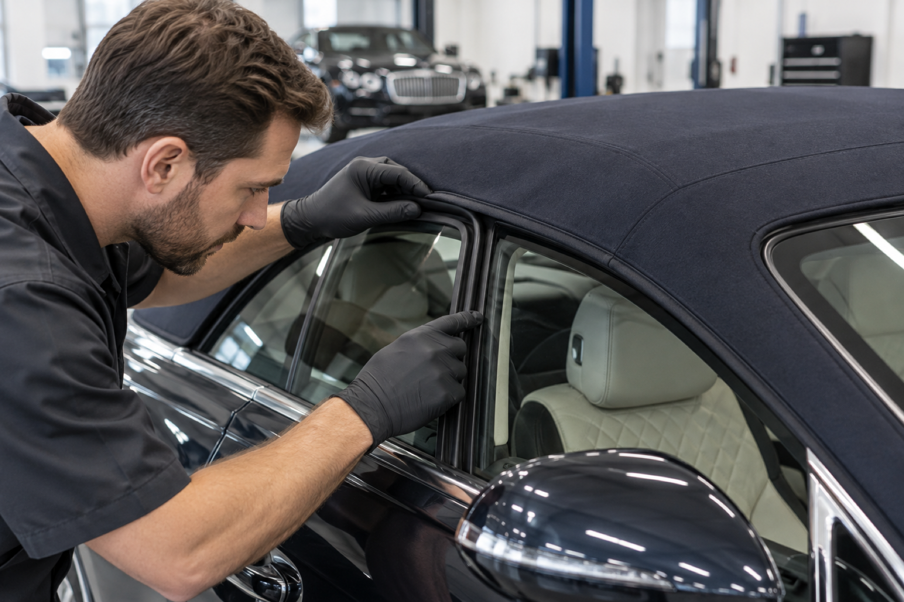Illustrative inspection of Bentley convertible roof seals near the side glass