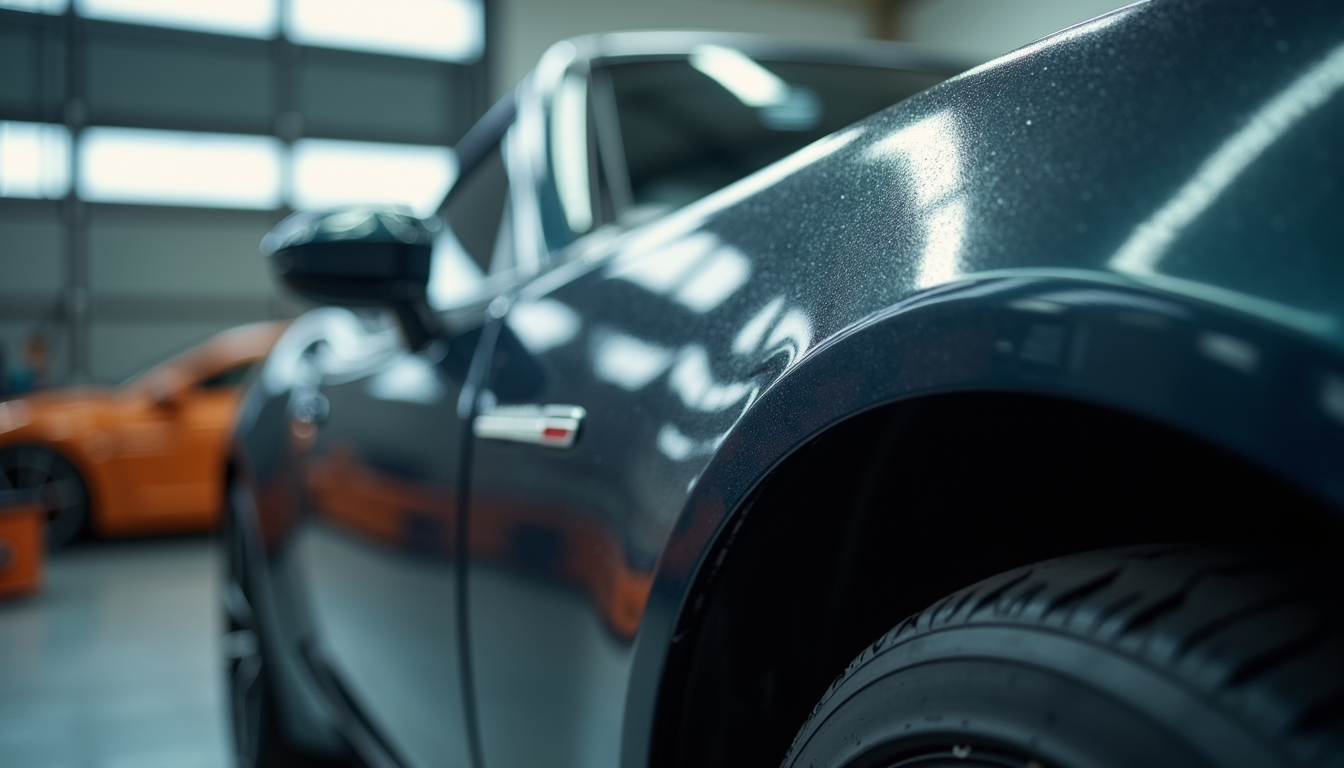Close-up view of a luxury car’s sleek body panel being repaired