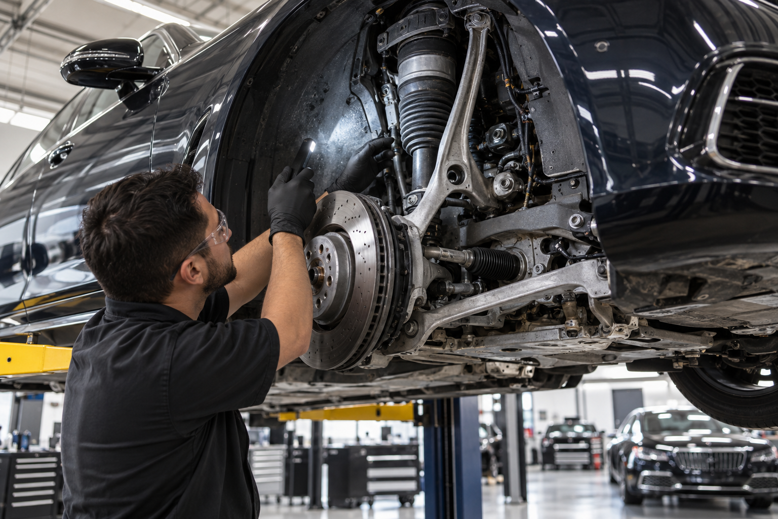 Illustrative inspection of Bentley-style suspension components and mounting areas after an impact