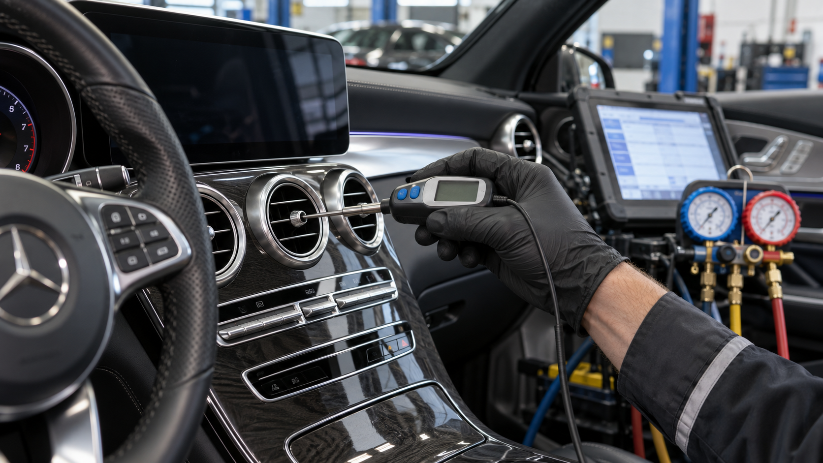 Technician measuring Mercedes-Benz cabin vent temperature during professional A/C diagnosis