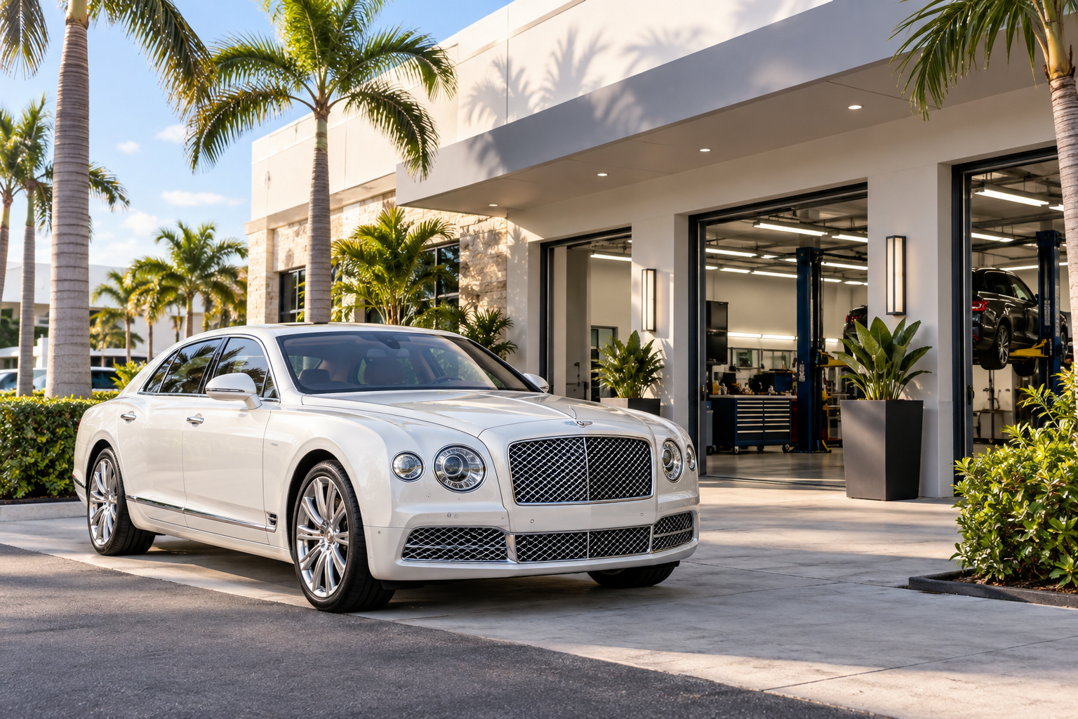 Illustrative Bentley-style luxury sedan outside a South Florida automotive repair facility