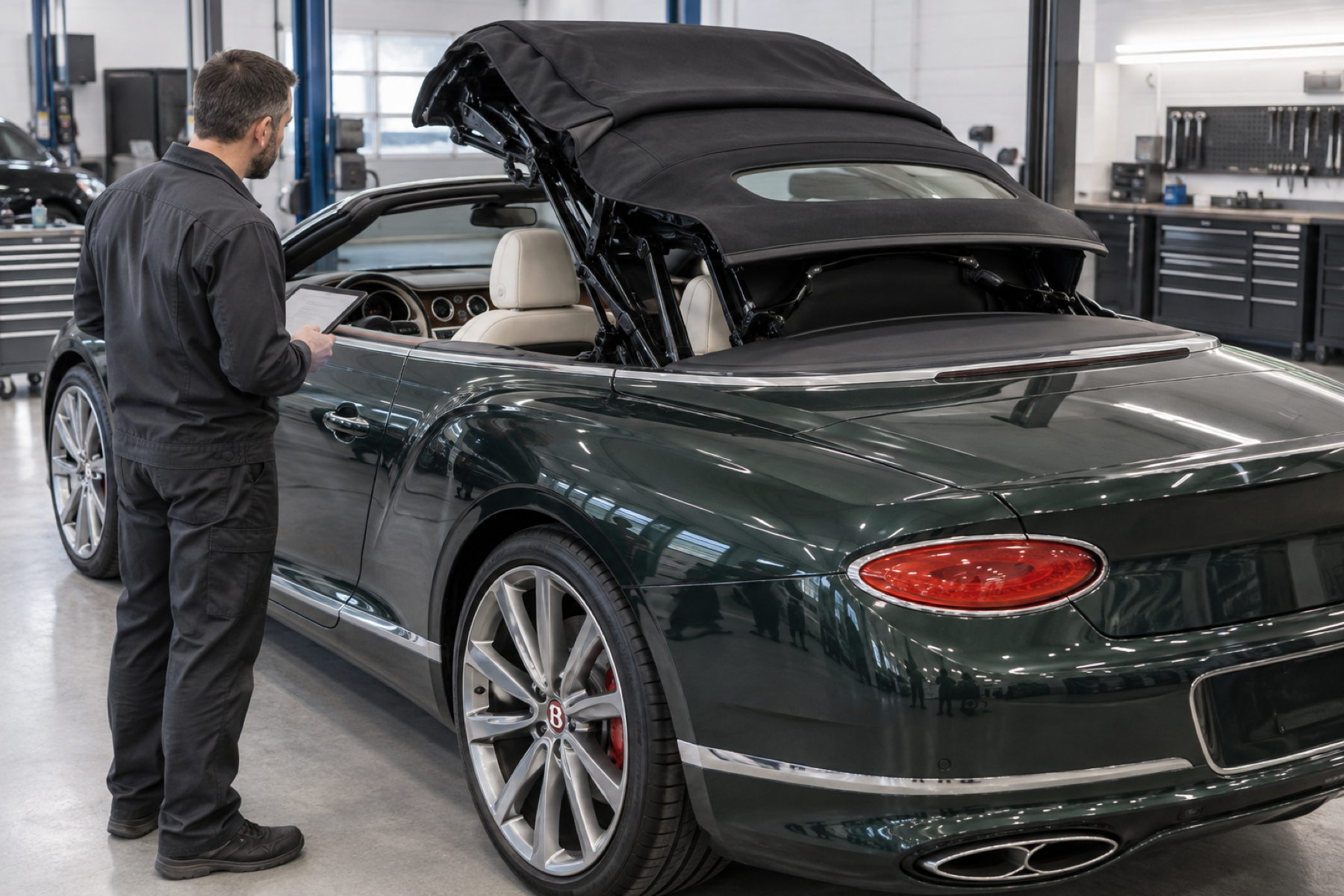 Illustrative inspection of a Bentley convertible roof mechanism and alignment