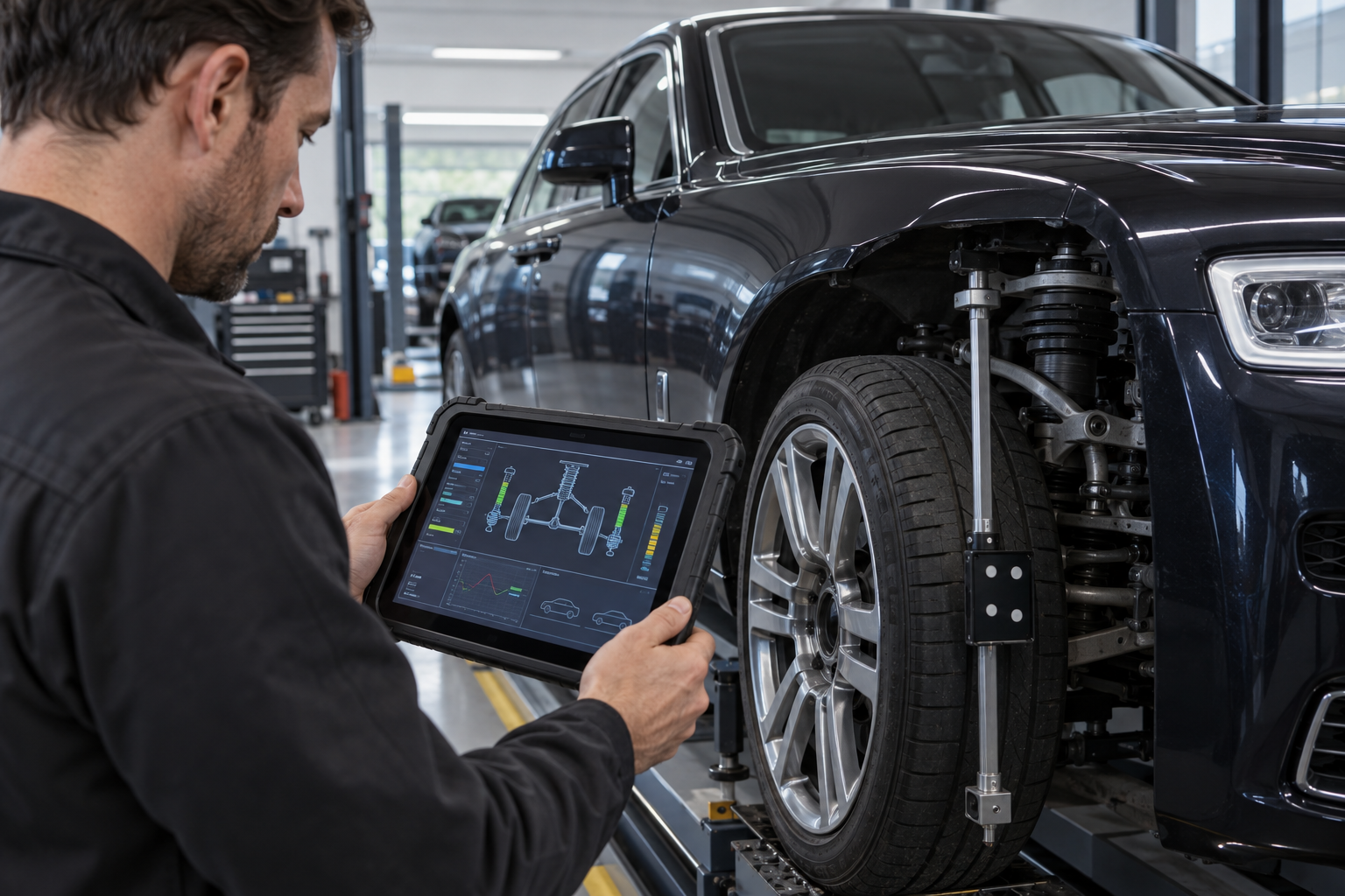 Illustrative Bentley-style suspension diagnostic scan and ride-height evaluation