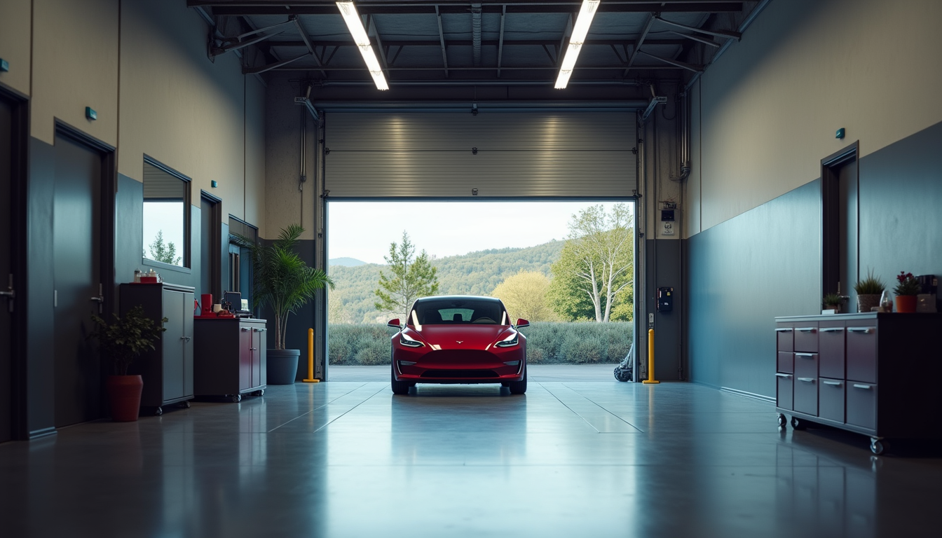 Eye-level view of Tesla-certified auto body repair shop with Tesla vehicle inside