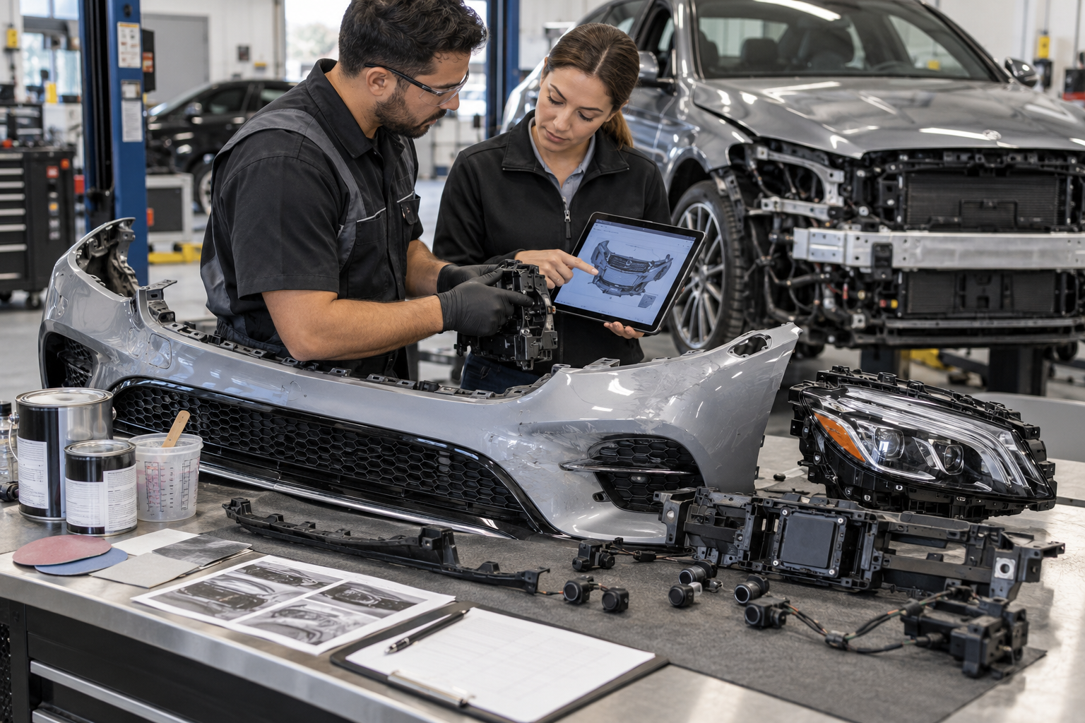 Collision estimator and technician reviewing Mercedes-Benz bumper parts, sensors, and repair-plan information