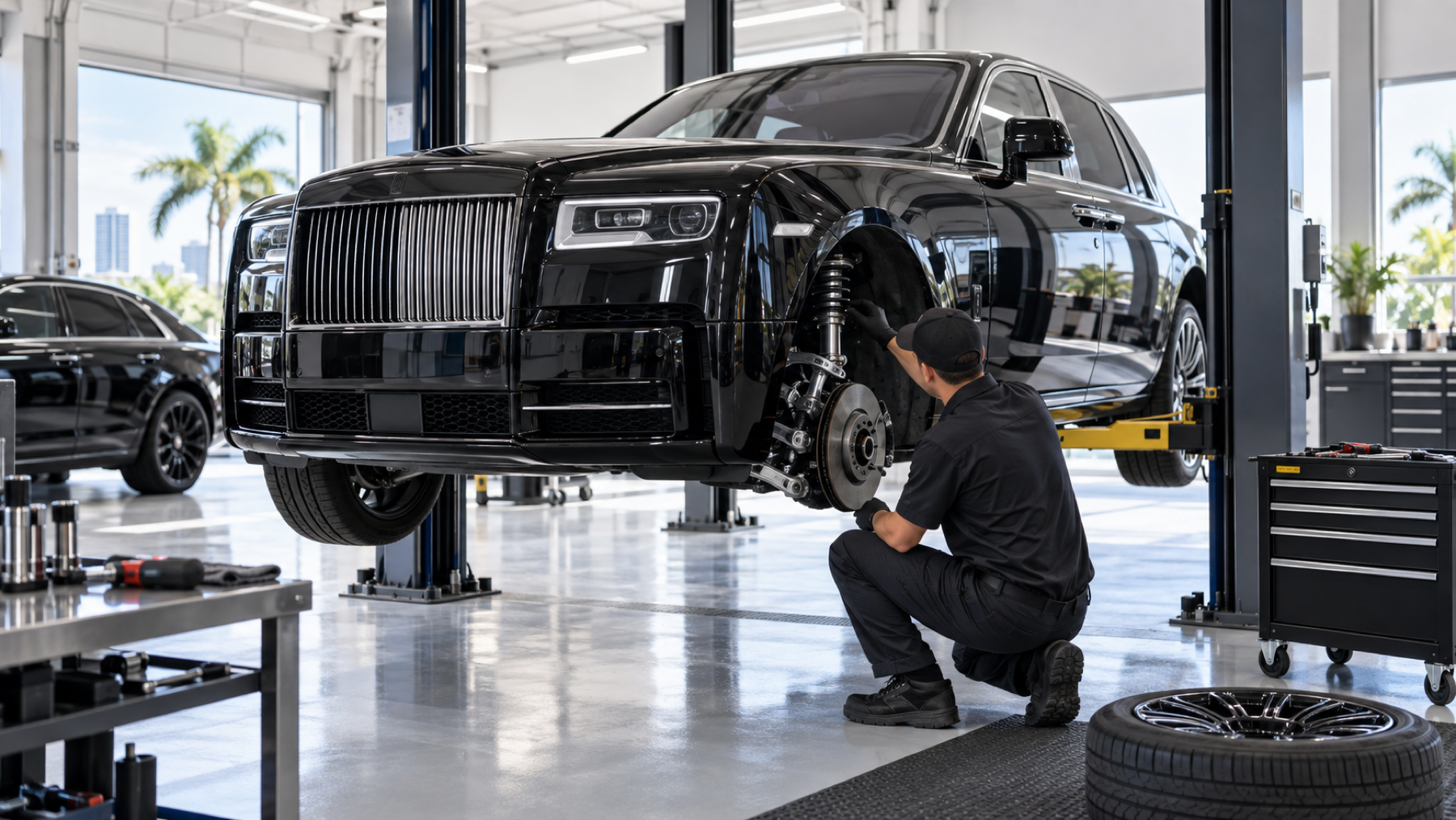 Illustration of a Rolls-Royce suspension inspection in a professional repair facility