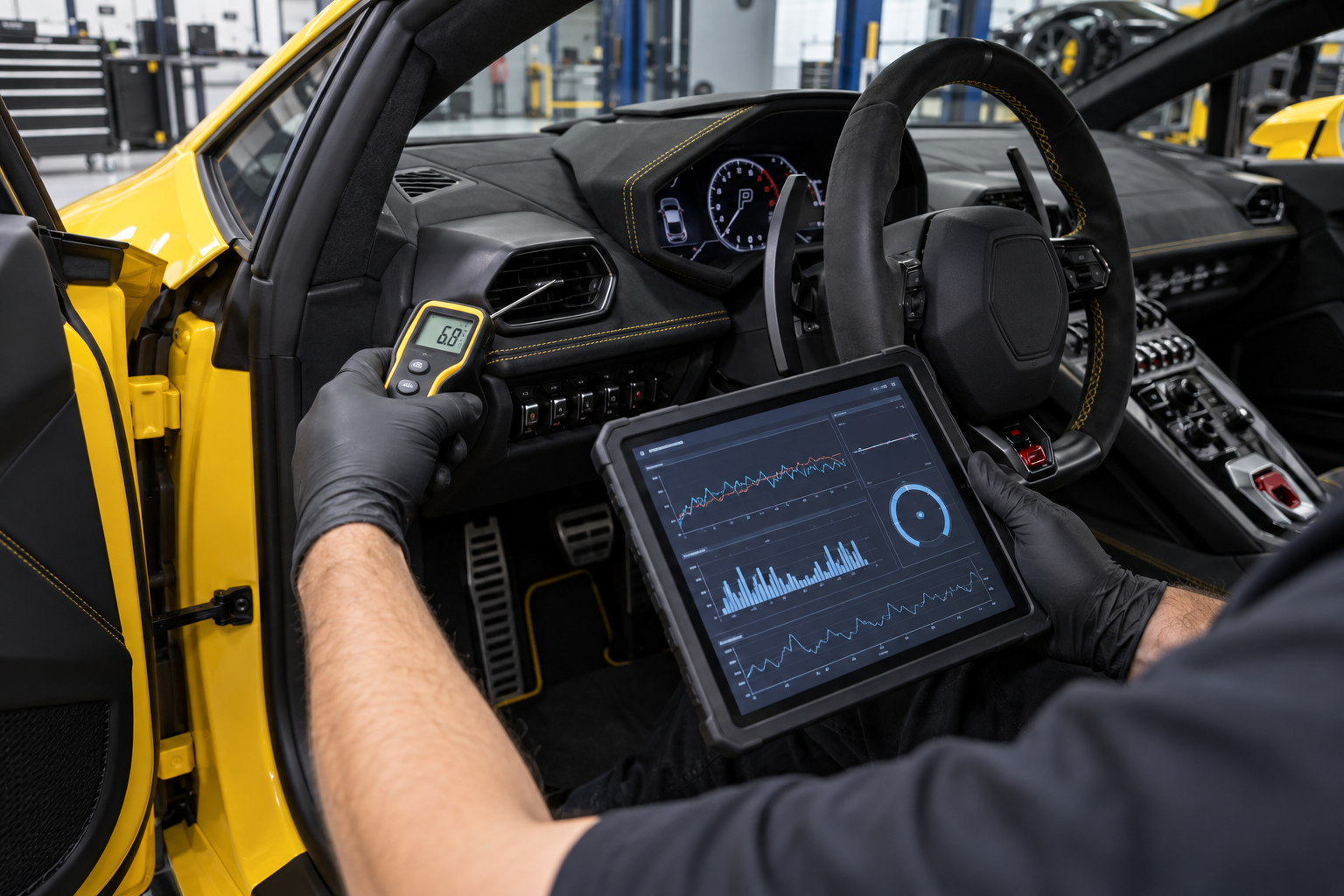 Technician measuring vent temperature and reviewing climate-control diagnostic data in a Lamborghini-style exotic car