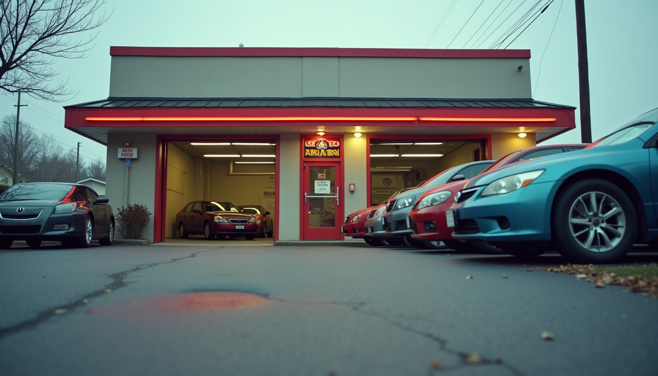 Eye-level view of a local auto repair shop exterior with cars parked outside