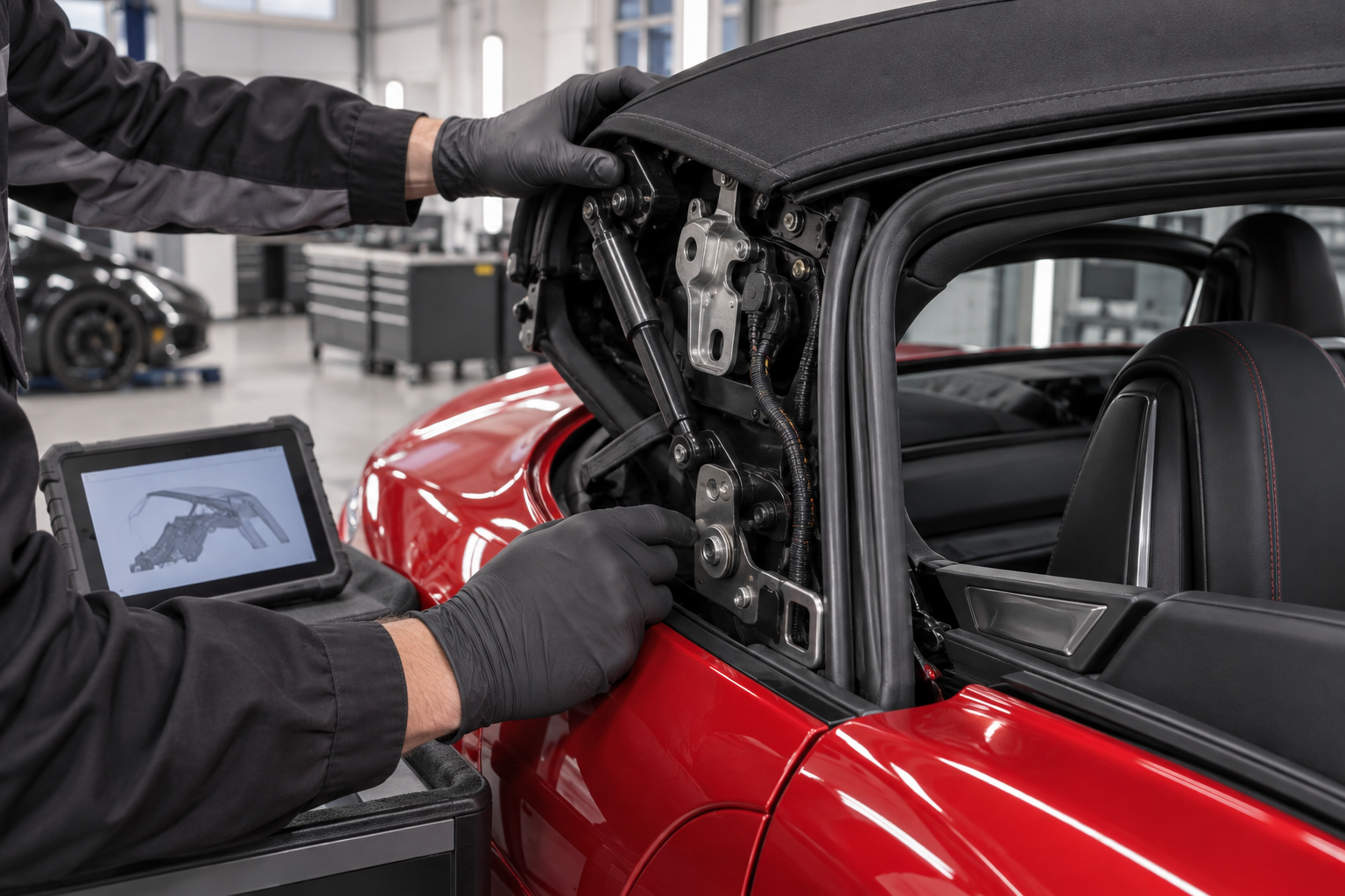 Technician inspecting a convertible roof hinge, latch, wiring, and weather seal on a red exotic car