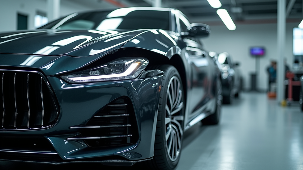 Eye-level view of a luxury car undergoing precise collision repair in a professional garage