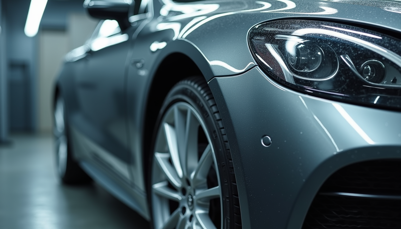Close-up view of a luxury car undergoing paint refinishing in a collision repair shop