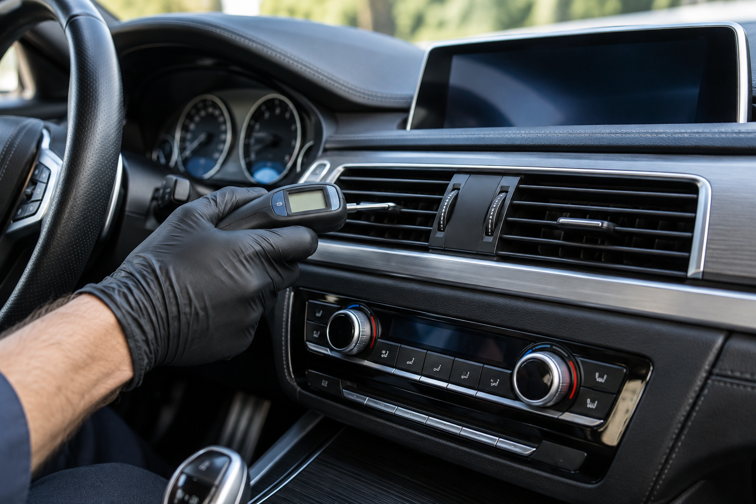Technician checking vent temperature inside a luxury BMW-style vehicle during A/C diagnosis