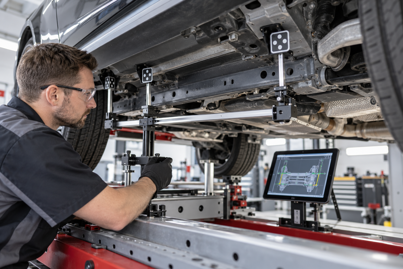 Technician measuring underbody and unibody reference points with an electronic three-dimensional measuring system