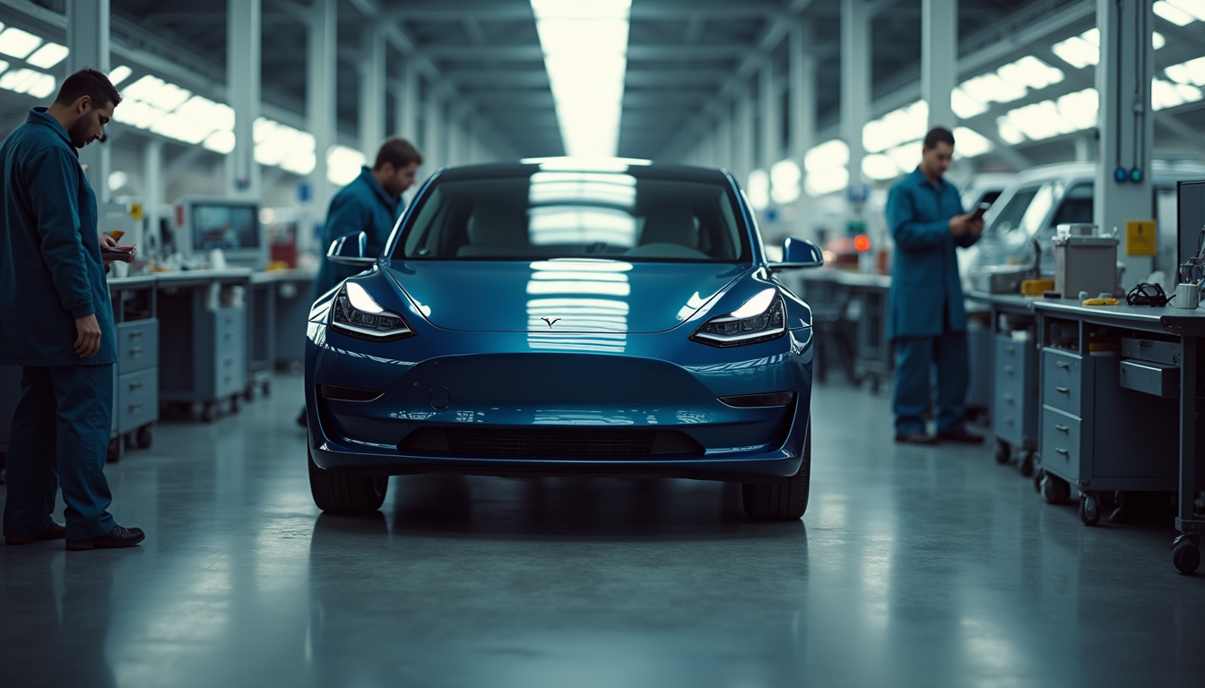 Eye-level view of Tesla Model 3 in a body shop with technicians inspecting damage