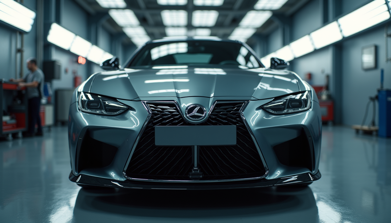 Eye-level view of a luxury car undergoing precise paint repair