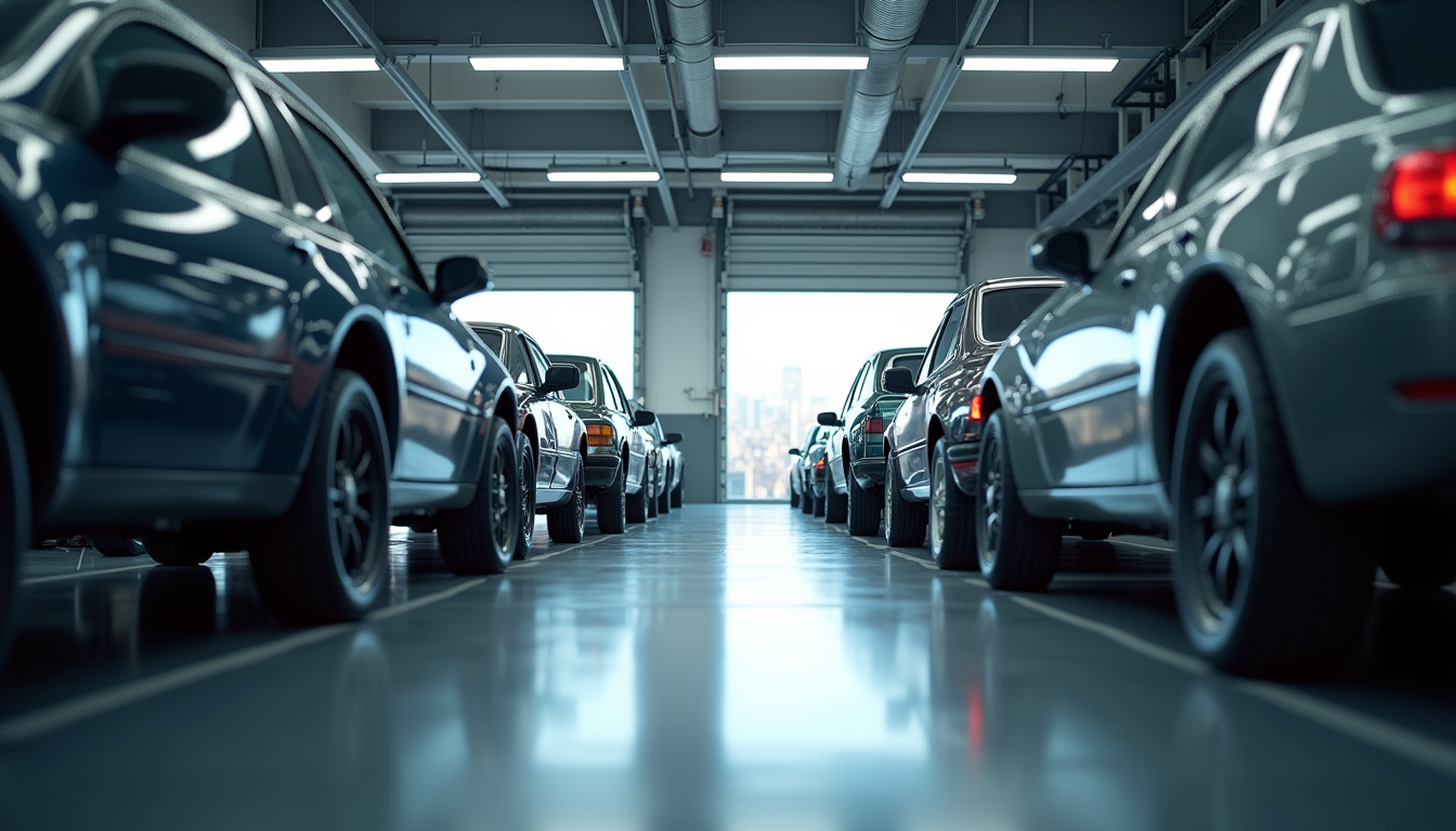 Eye-level view of a modern auto body shop with cars being repaired
