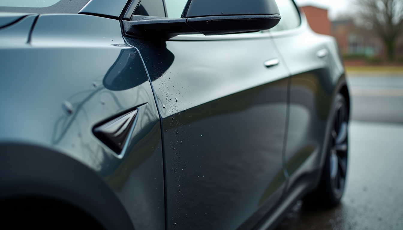 Close-up view of Tesla car door with visible damage