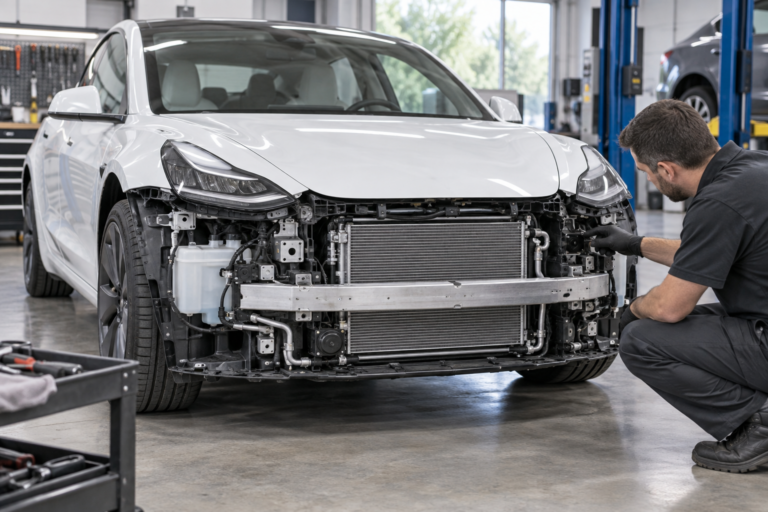 Illustration of a technician inspecting front A/C components on an electric sedan after collision damage