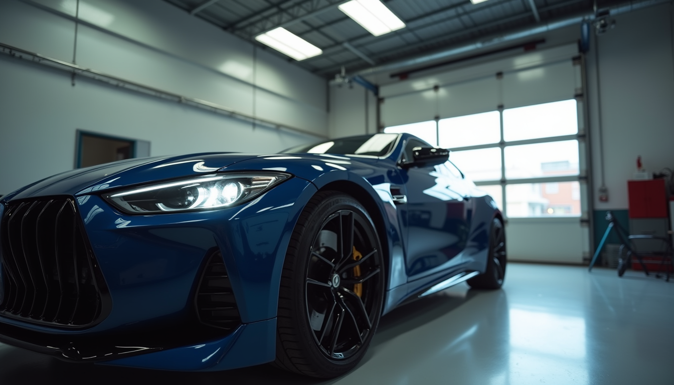 Eye-level view of a luxury car in a professional auto body repair shop