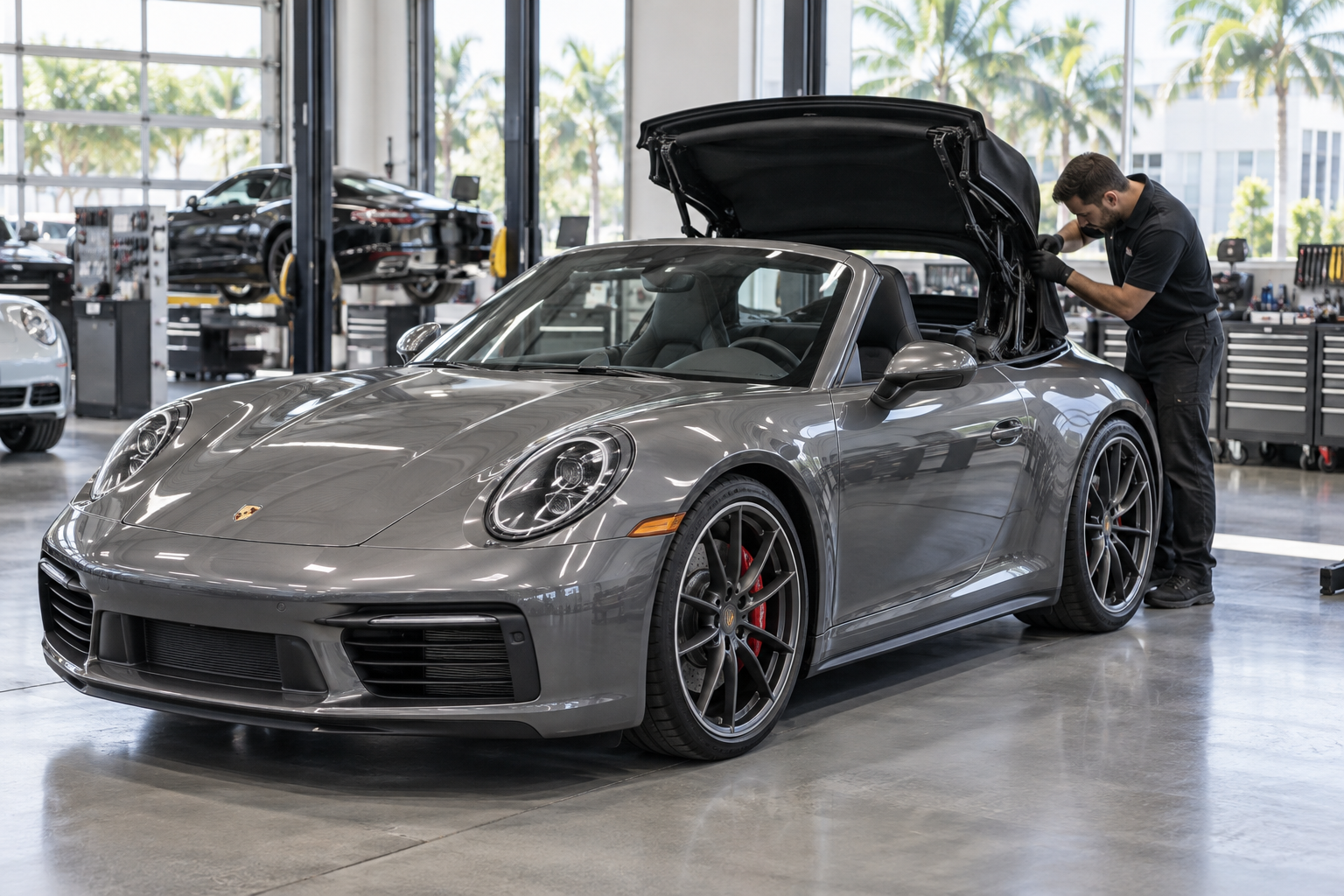 Technician inspecting a Porsche convertible roof in a collision repair facility