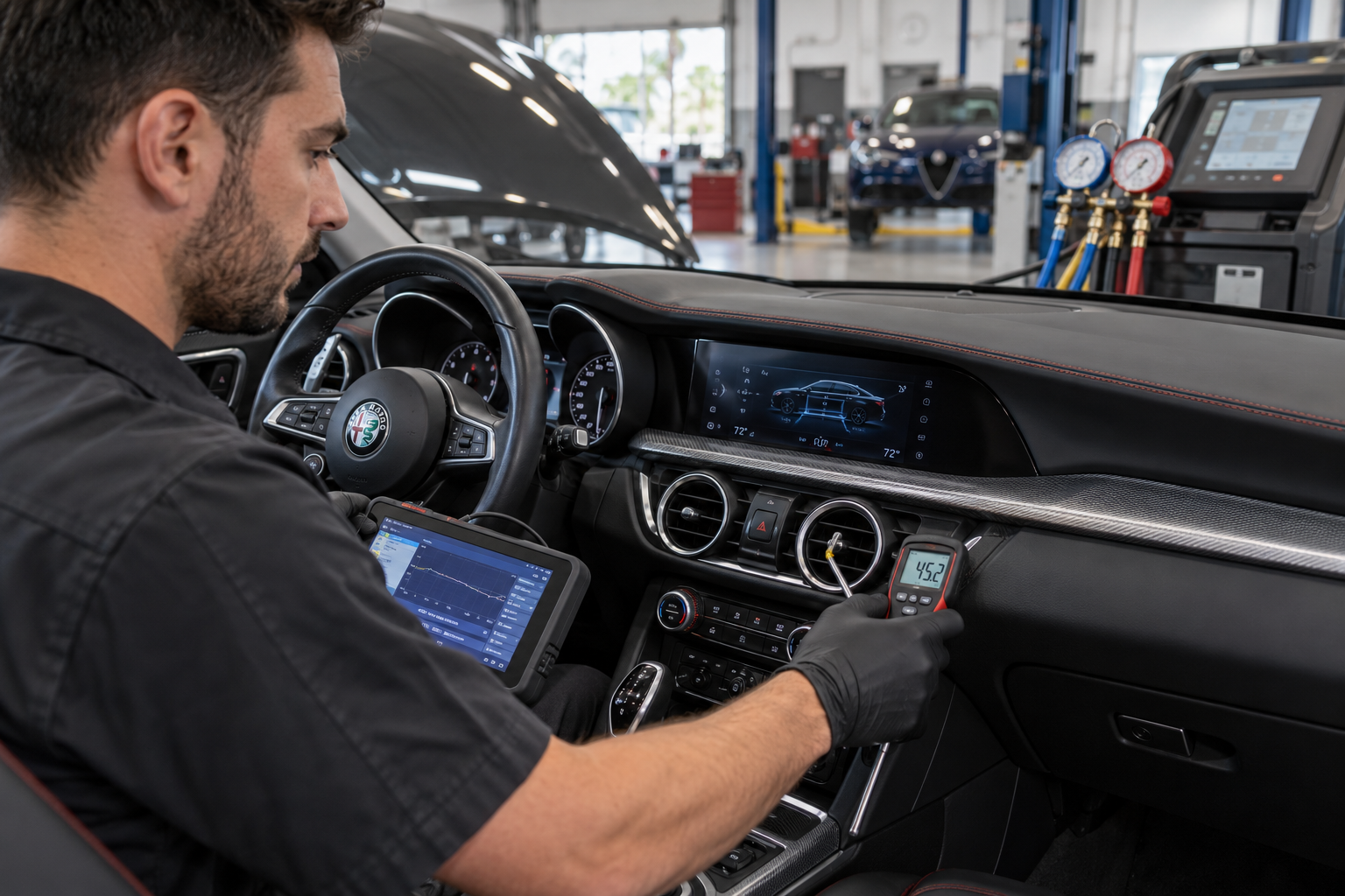 Technician measuring vent temperature during Alfa Romeo air-conditioning diagnosis