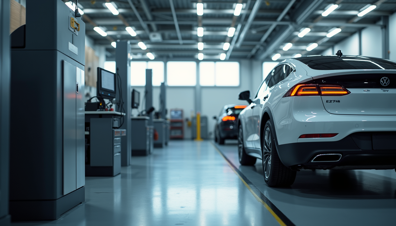 Eye-level view of a modern EV repair shop with advanced equipment