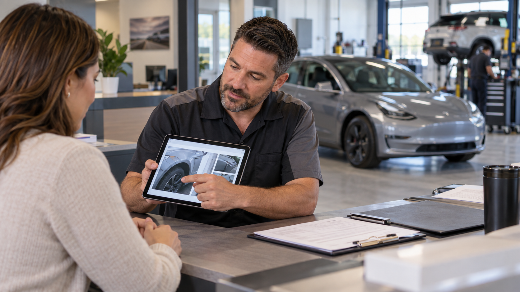 Collision repair estimator reviewing vehicle damage photos and an insurance estimate with a customer