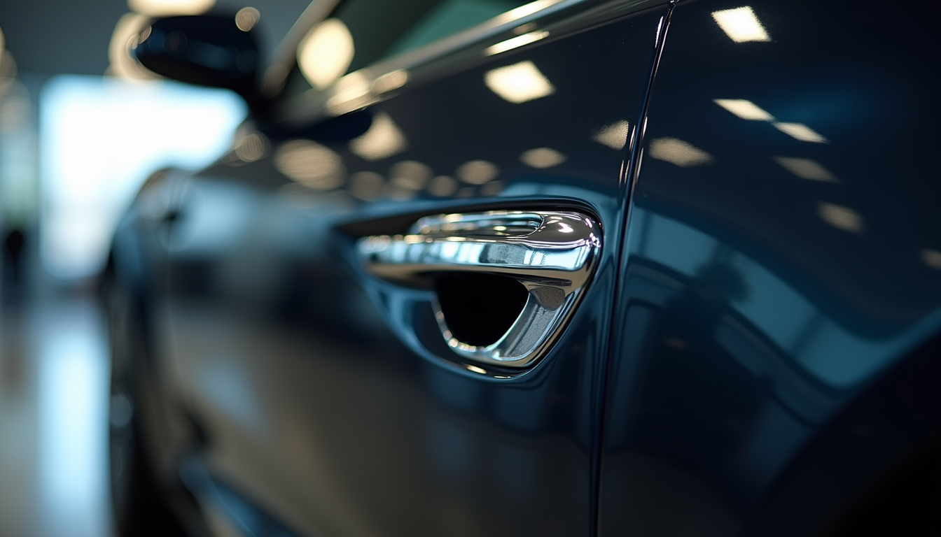 Close-up view of a luxury car door with a small dent being inspected