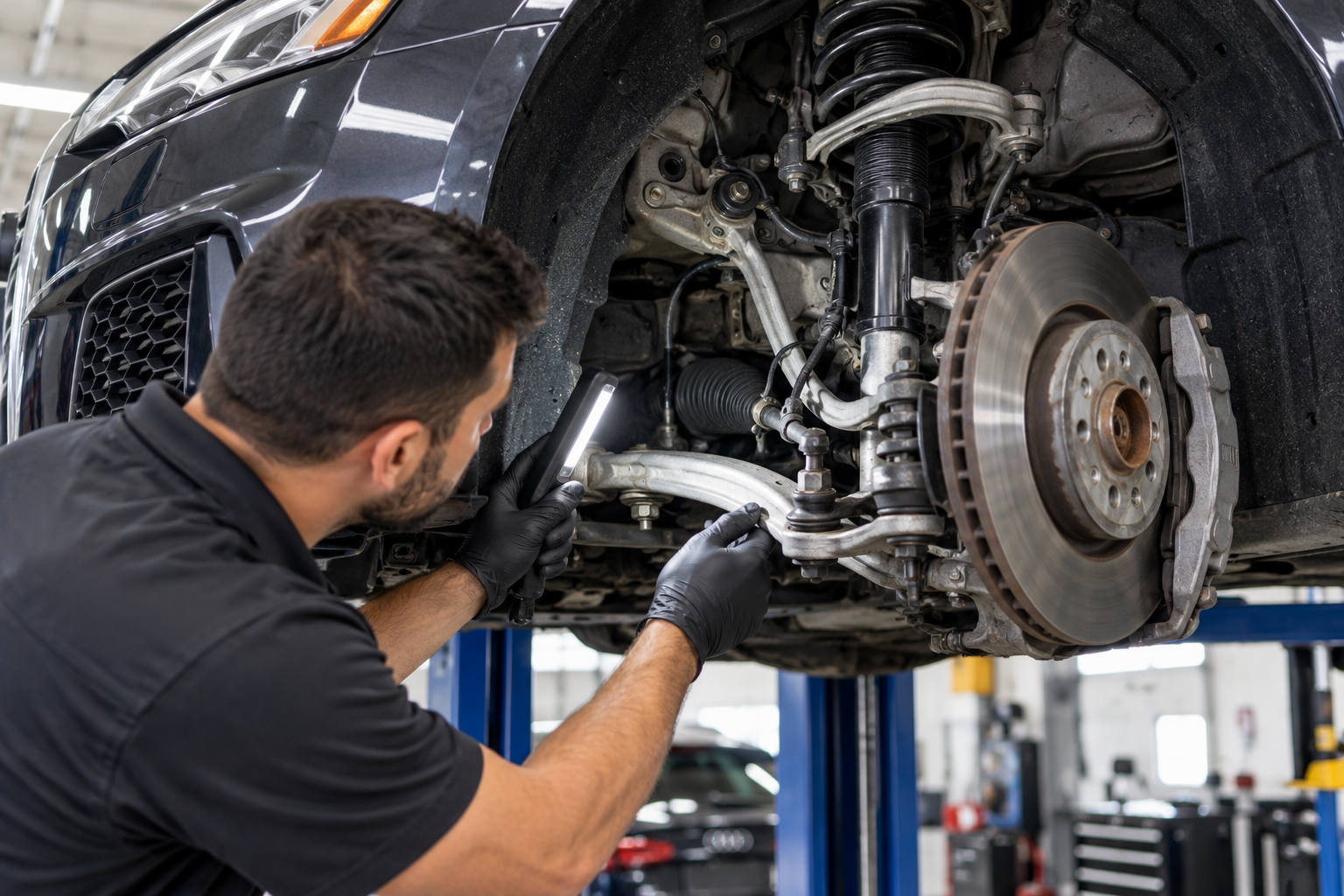 Technician inspecting Audi suspension, steering, and wheel components after an impact