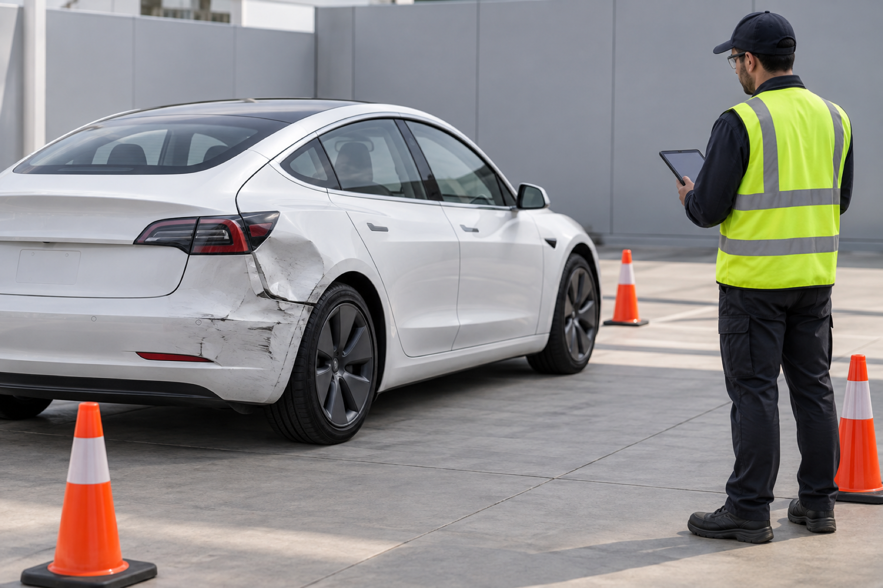 Illustrative post-collision Tesla high-voltage battery safety inspection