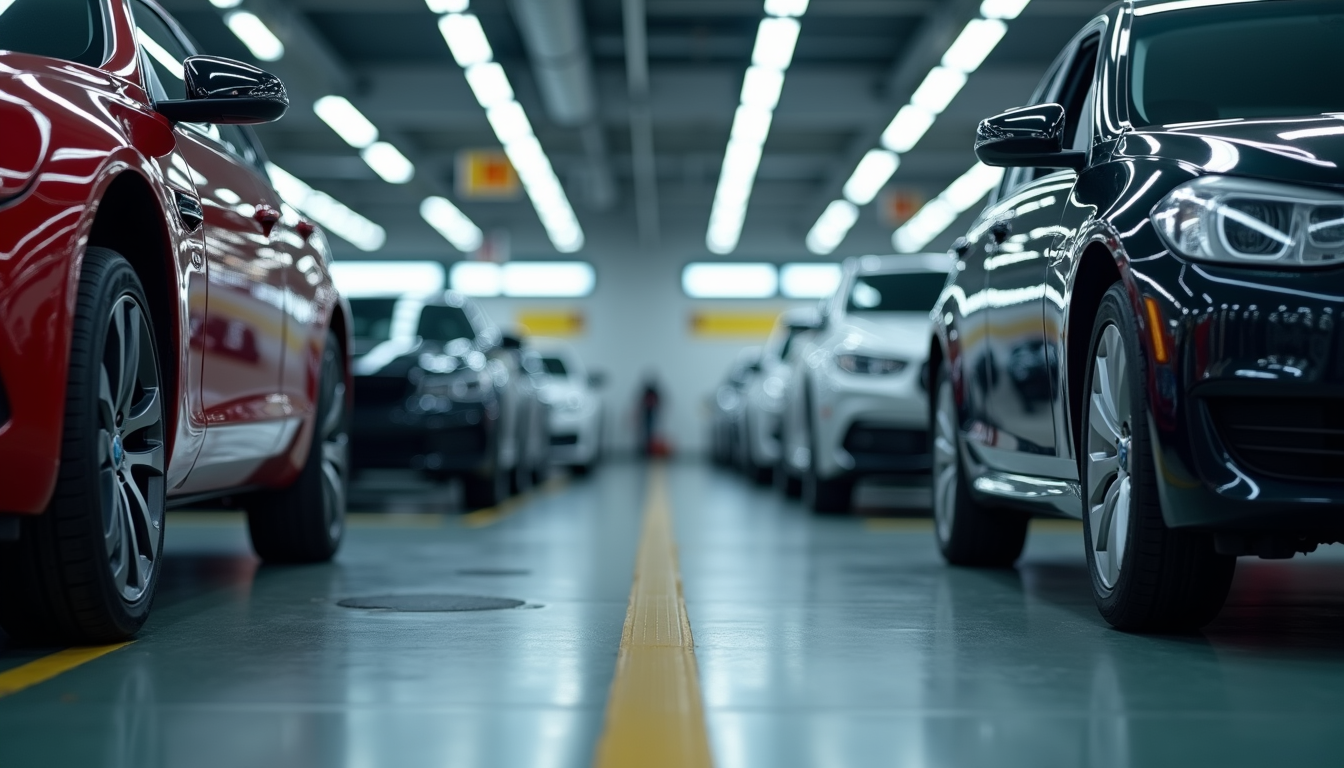 Eye-level view of a collision repair shop with cars being serviced