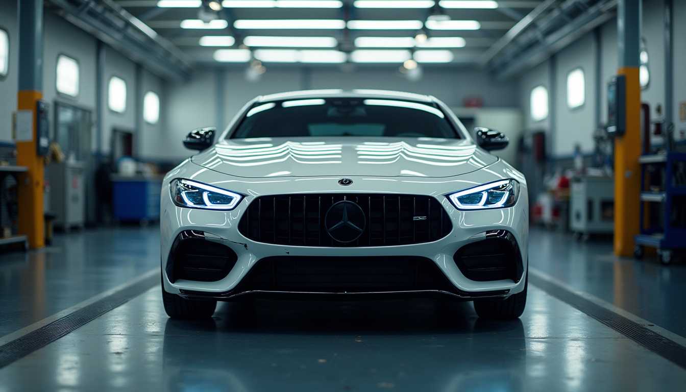 Eye-level view of a luxury car undergoing collision repair in a professional shop