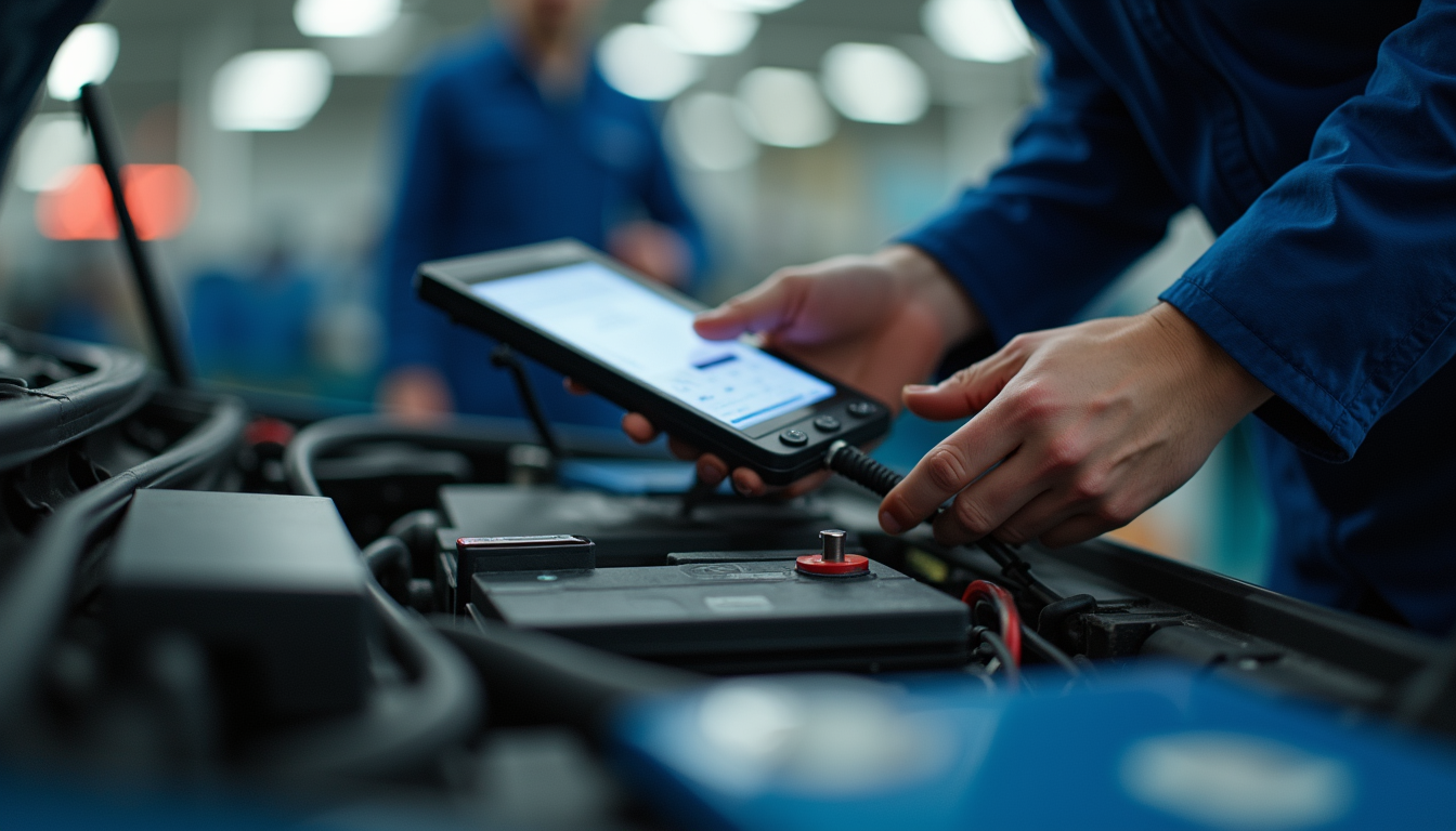 Eye-level view of a technician using diagnostic equipment on an electric car battery
