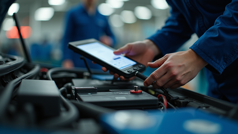 Eye-level view of a technician using diagnostic equipment on an electric car battery