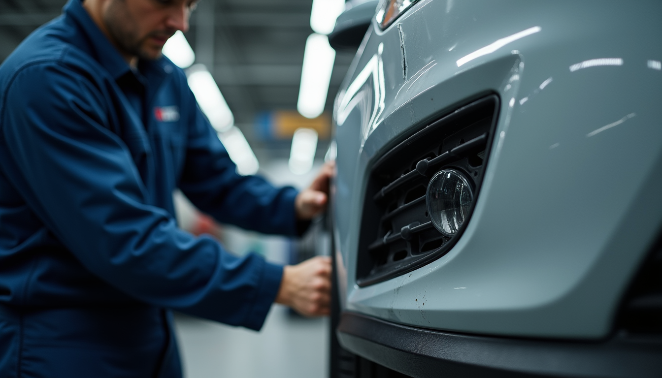 Close-up view of a technician inspecting a car’s damaged bumper in a repair shop