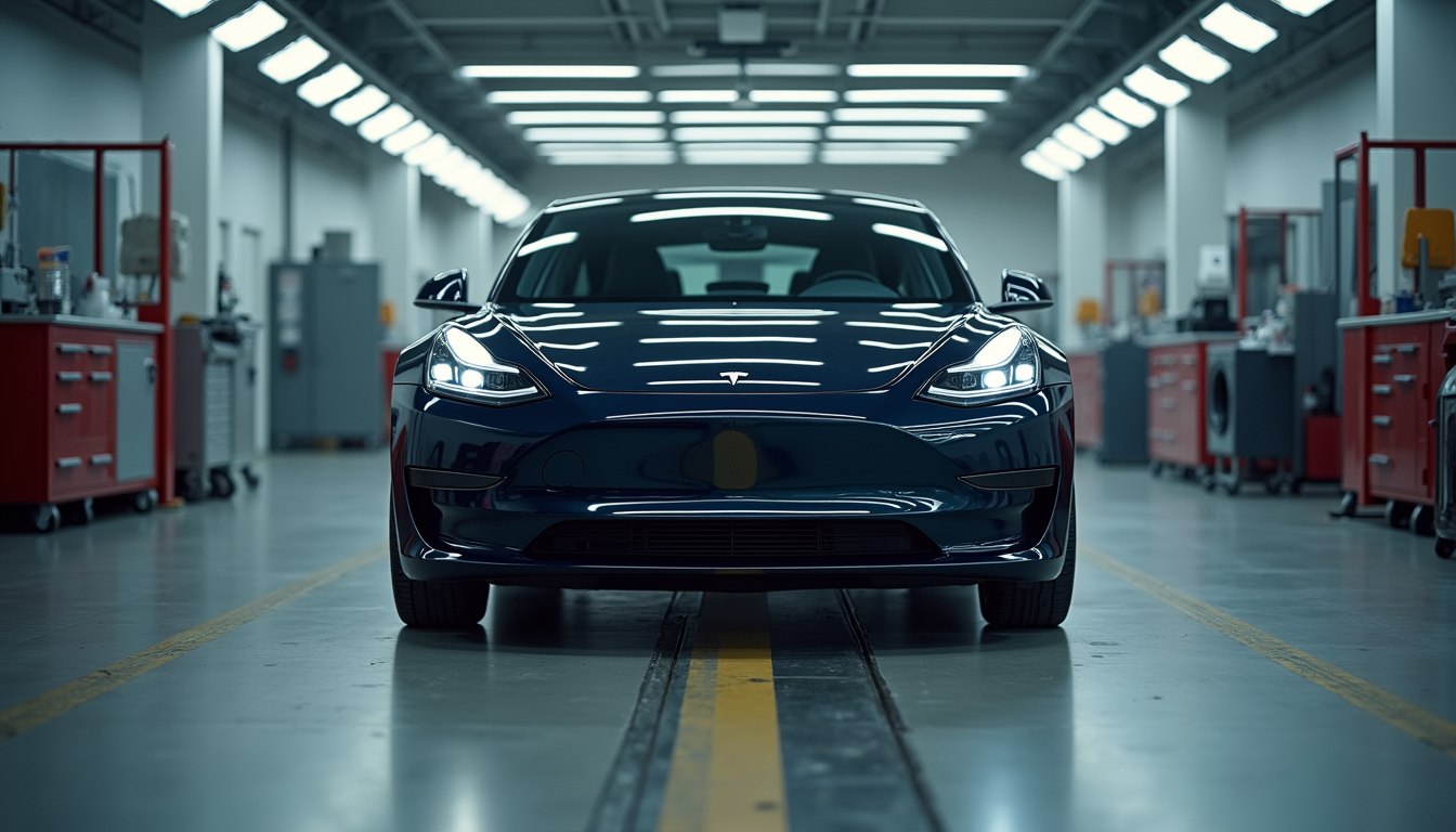 Eye-level view of a Tesla Model 3 in a collision repair shop