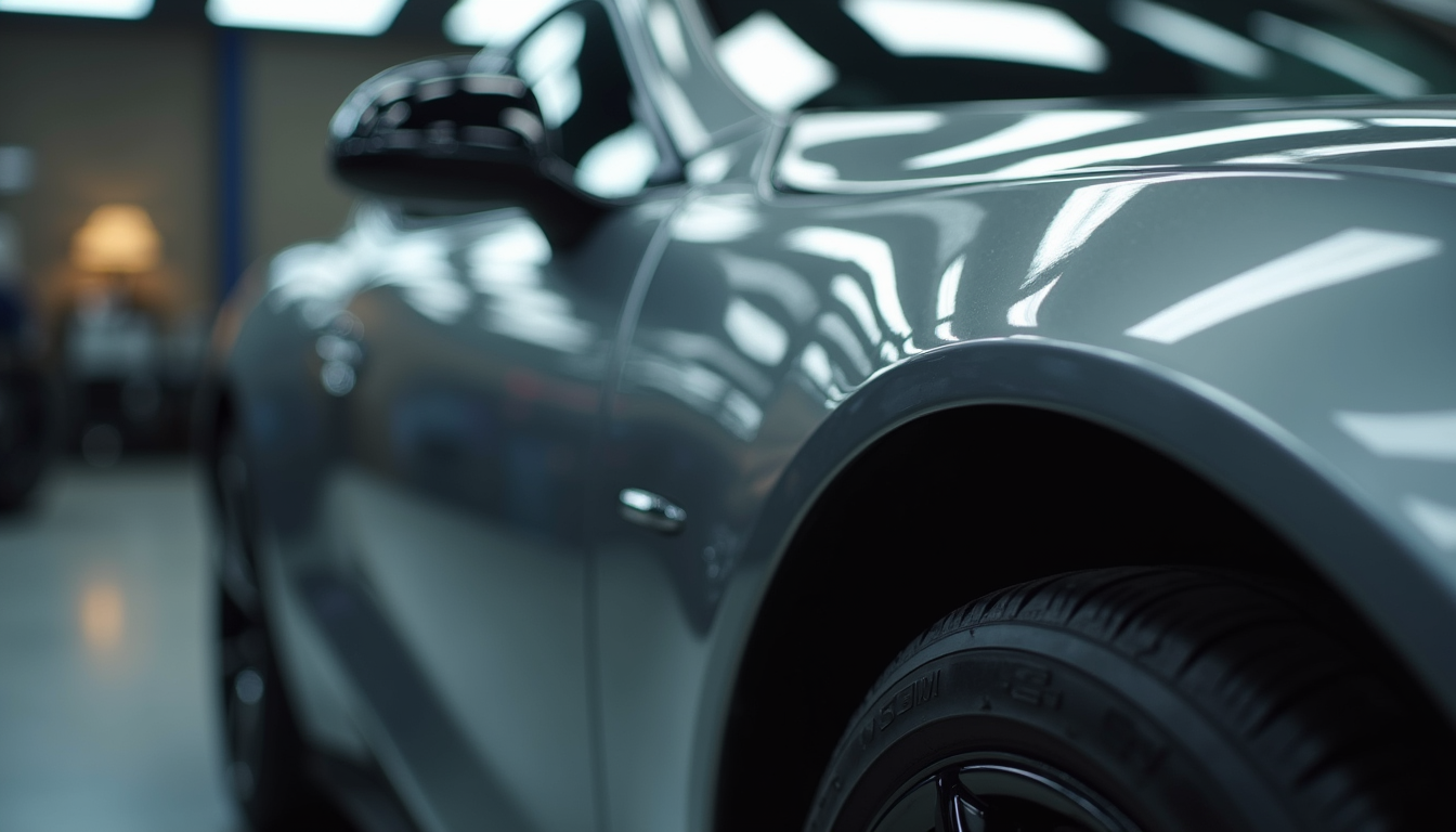 Close-up view of a luxury car's sleek body panel being repaired