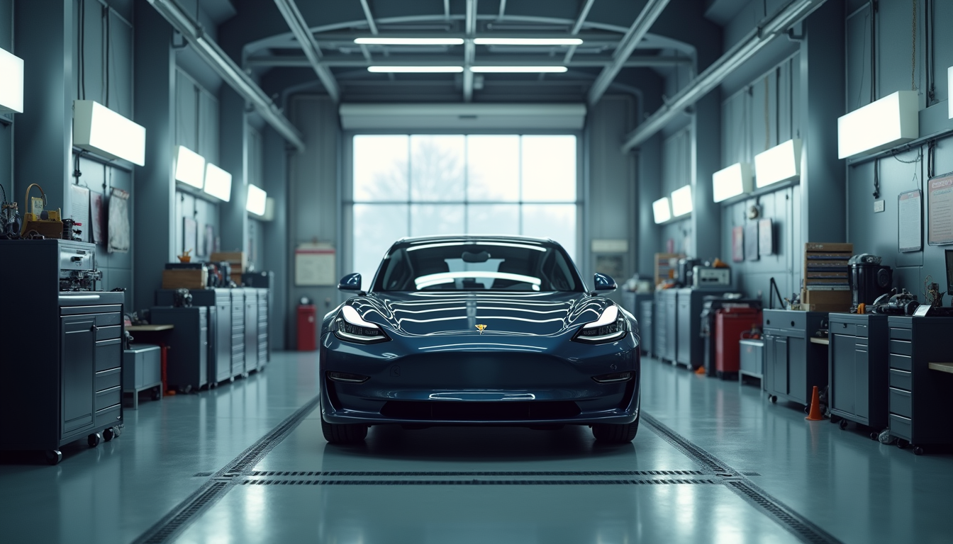 Eye-level view of a modern EV repair shop with a luxury electric car on the lift