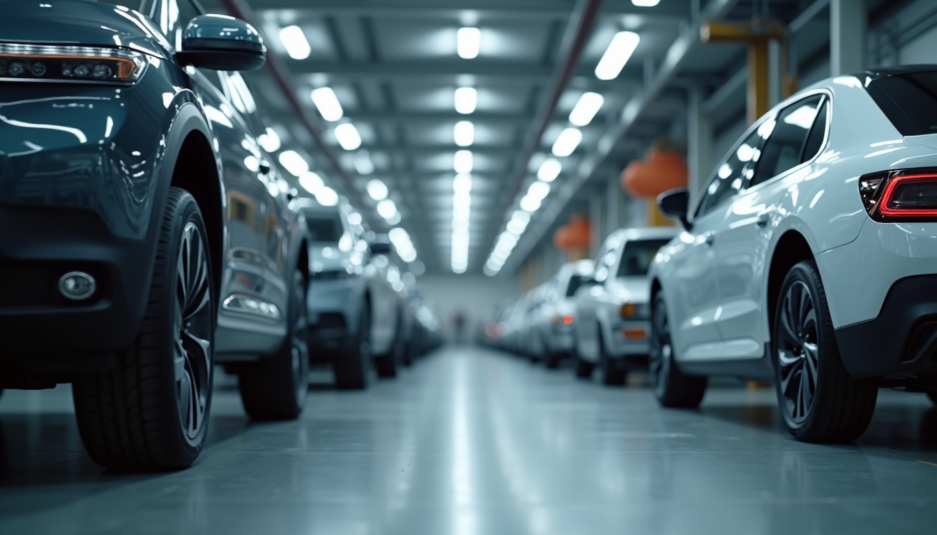 Eye-level view of a modern EV repair shop with specialized equipment