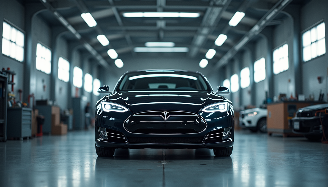 Eye-level view of a Tesla Model S in a repair shop bay