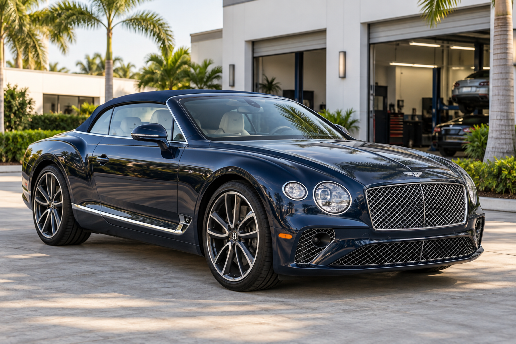 Illustrative Bentley convertible with the fabric roof closed outside a South Florida repair facility