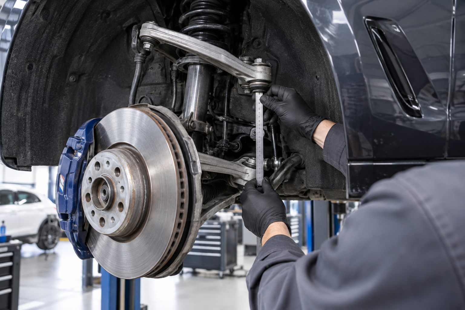 Close-up suspension inspection showing a strut, control arms, brake assembly, and measuring tool