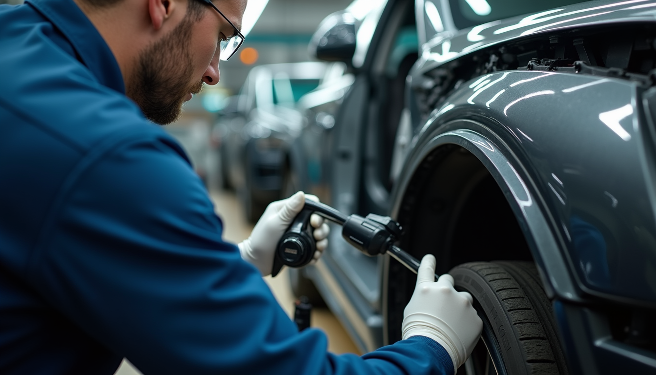 Close-up view of a technician using advanced equipment to repair a car frame