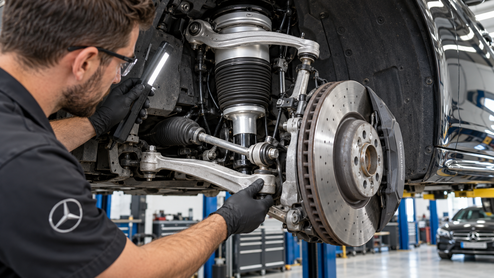 Technician inspecting Mercedes-Benz air suspension, control arms, and steering components on a lift