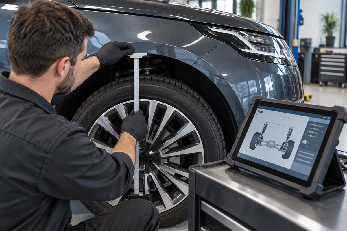 Technician measuring ride height and reviewing suspension diagnostic information on a luxury SUV