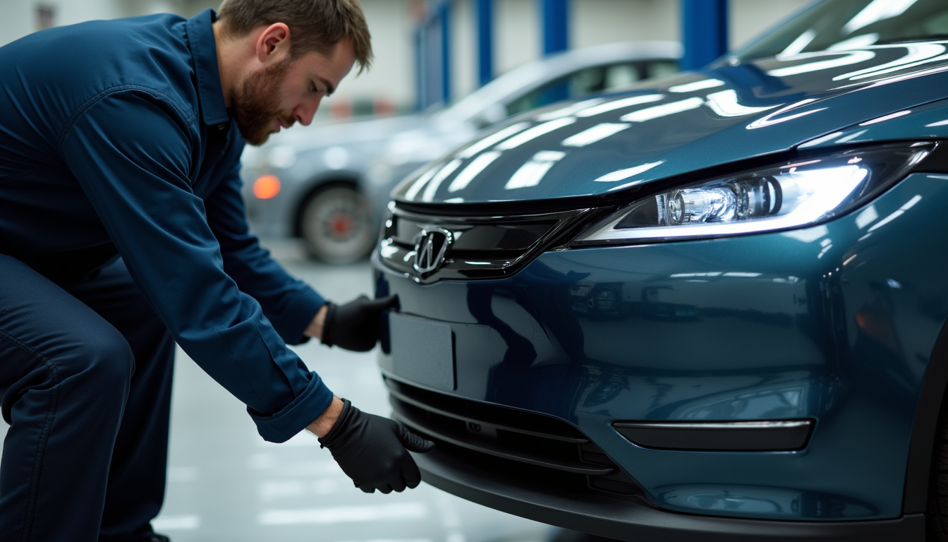 Close-up view of a technician inspecting an electric vehicle’s damaged front bumper