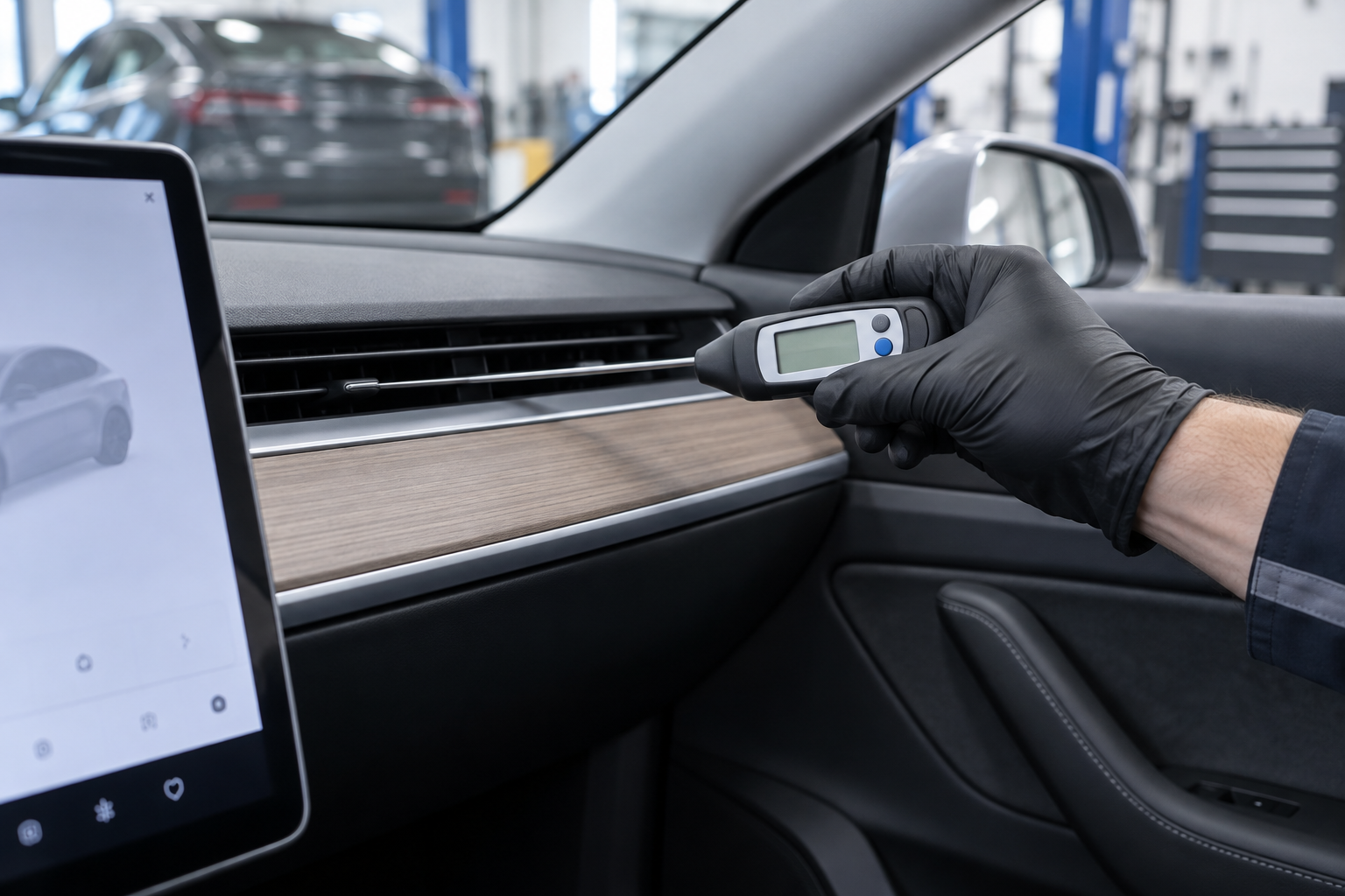 Illustration of an air vent temperature test during an electric vehicle A/C diagnostic